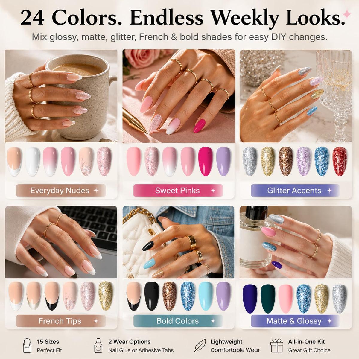 Beetles Press on Nails Kit- 720 Pcs Short Almond 24 Colors