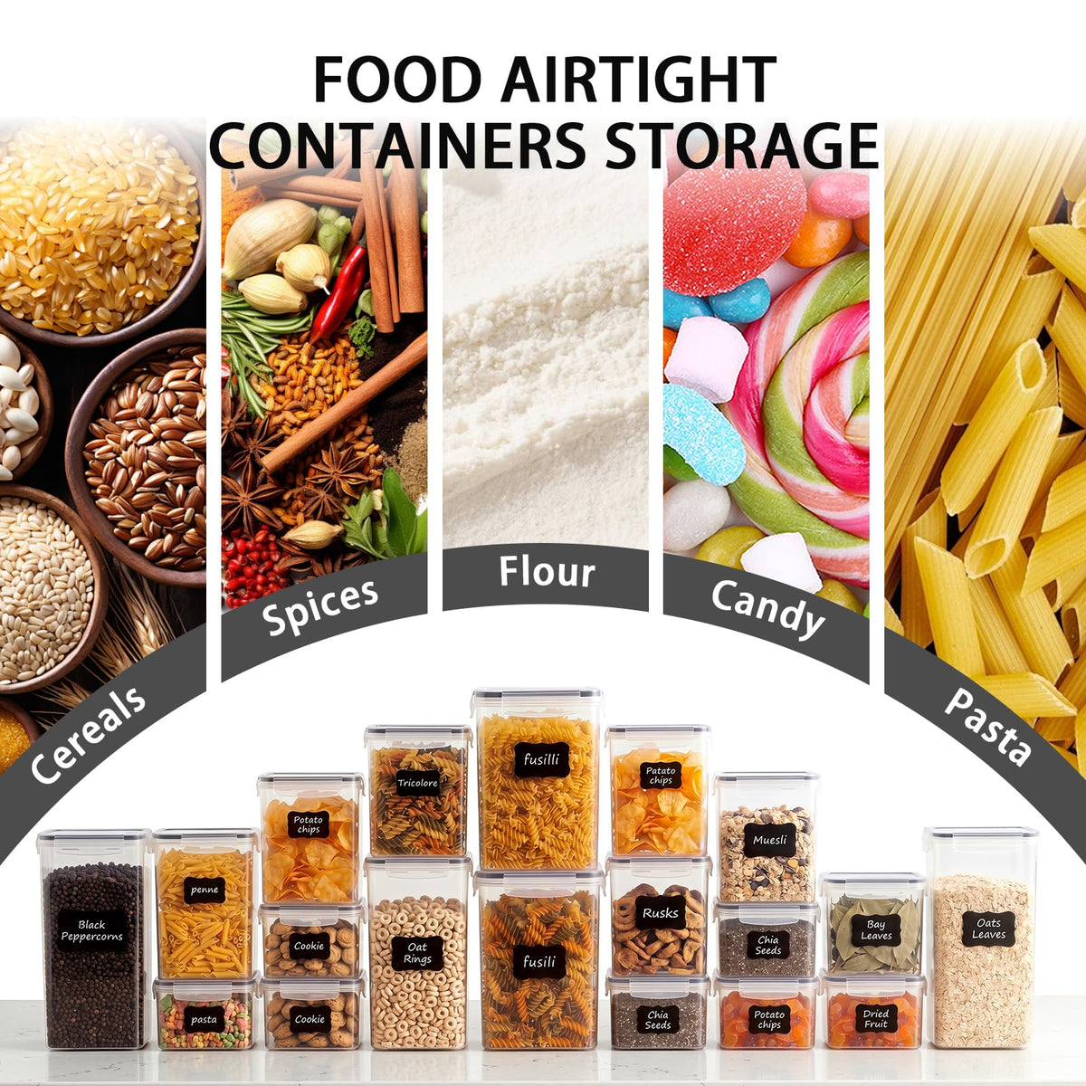 Asnews 9 PCS Airtight Food Storage Containers with Lids, Plastic Kitchen and Organization Canisters for Cereal, Dry Food, Flour and Sugar, BPA-Free, PVC-Free, Includes Labels & Marker