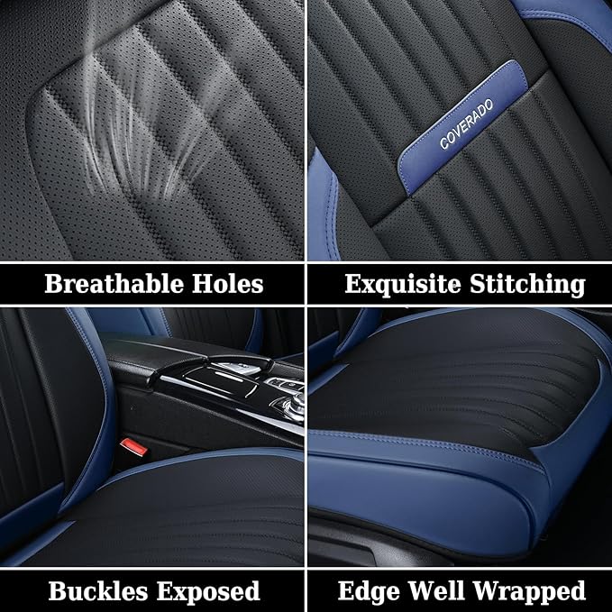 Coverado Car Seat Covers Full Set, Car Seat Protector Car Seat Cushion, Nappa Leather Seat Covers for Cars, Front and Back Seat Protectors Cushions Universal Fit for Most Cars Vehicles(Blue&Black)