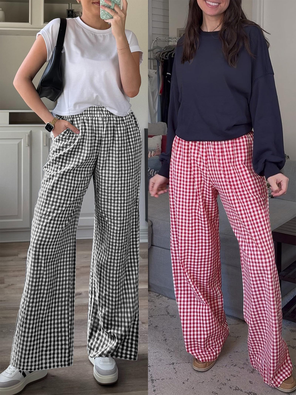 ANRABESS Womens Striped Gingham Wide Leg Palazzo Pants with Pockets