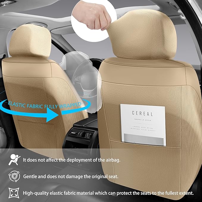 Car Seat Covers Full Set,Universal Fit for Cars,SUVs,Trucks,and Sedans with 5 Seats,Faux Leather Car Seat Cushion Compatible with Airbags,Waterproof Car Seat Protector,Beige