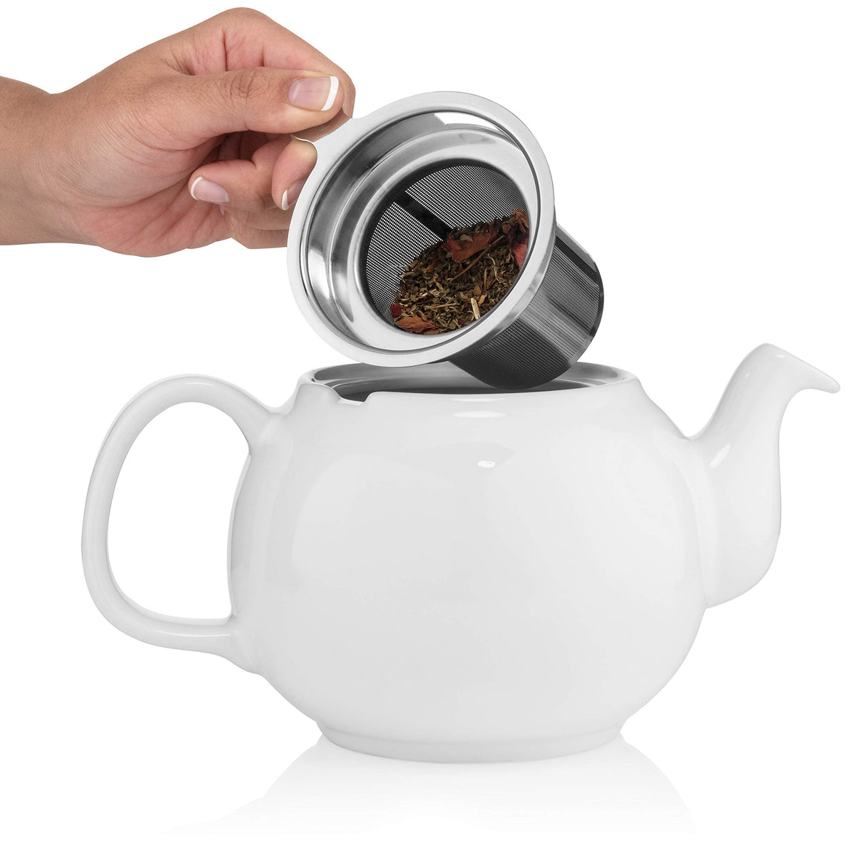 SAKI Large Porcelain Teapot, 48 Ounce Tea Pot with Infuser, Loose Leaf and Blooming Tea Pot - White