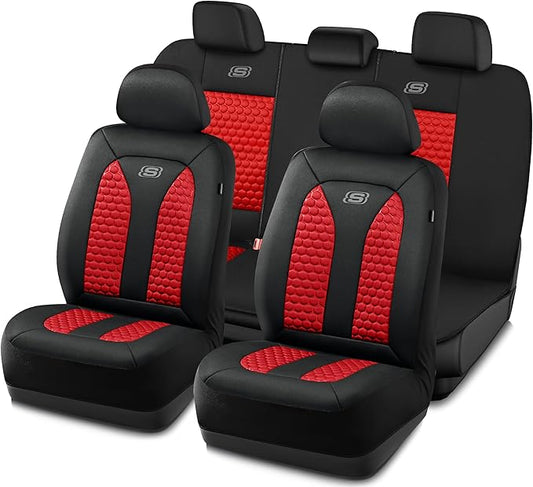 Skechers Memory Foam™ Car Seat Cover Full Sets, Hexcomb Breathable Thick Seat Covers, Airbag Compatible, Automotive Comfort & Protection for Most Cars,Van,Trucks, SUVs (Red,Full Set)