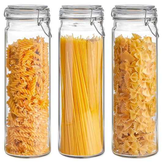 ComSaf Tall Glass Pasta Containers with Airtight Lids 68 oz 3 Pack Canister