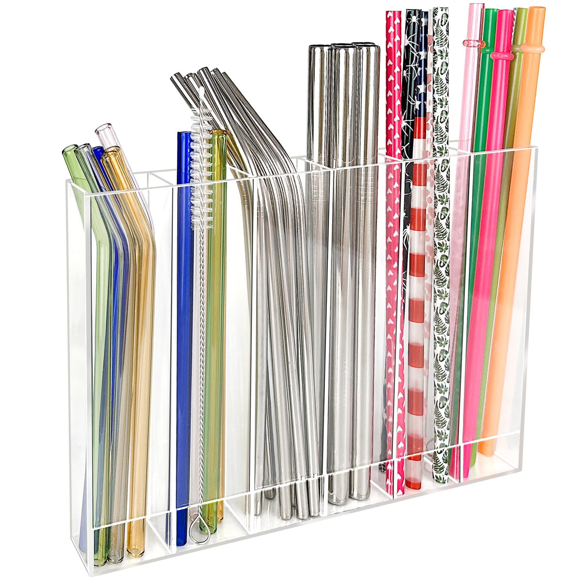 9.6” Large Acrylic Straw Holder for Cabinet Door - 6 compartments, easy to clean, Reusable Tumbler Straw Organizer Storage, Small Kitchen Accessories Container, Ultra Sticky Cupboard Door Mounted