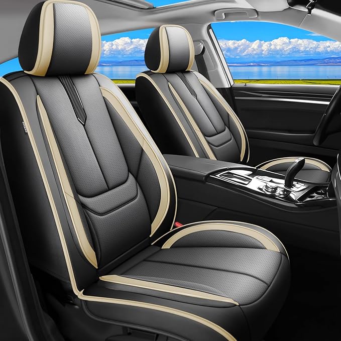 Fit Insight Car Seat Covers for Honda Insight 2010-2021 2022-Upgraded Premium Waterproof & Breathable Leather,Airbag Compatible,All-Weather Seat Cushion Protector,Full Set,Black-Beige