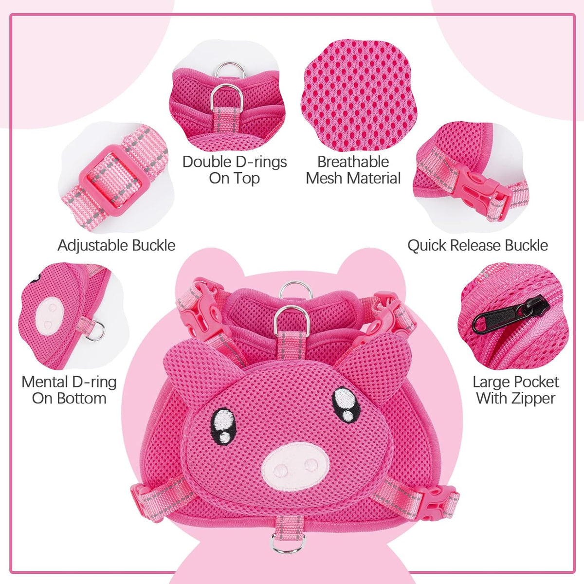 IDOMIK Dog Backpack Harness, No-Pull Dog Backpack with D-Ring for Small Medium Dogs, Cute Self Carrier Backpack for Dogs to Wear, Adjustable Dog Harness Backpack for Traveling Camping Hiking,Pig,XS