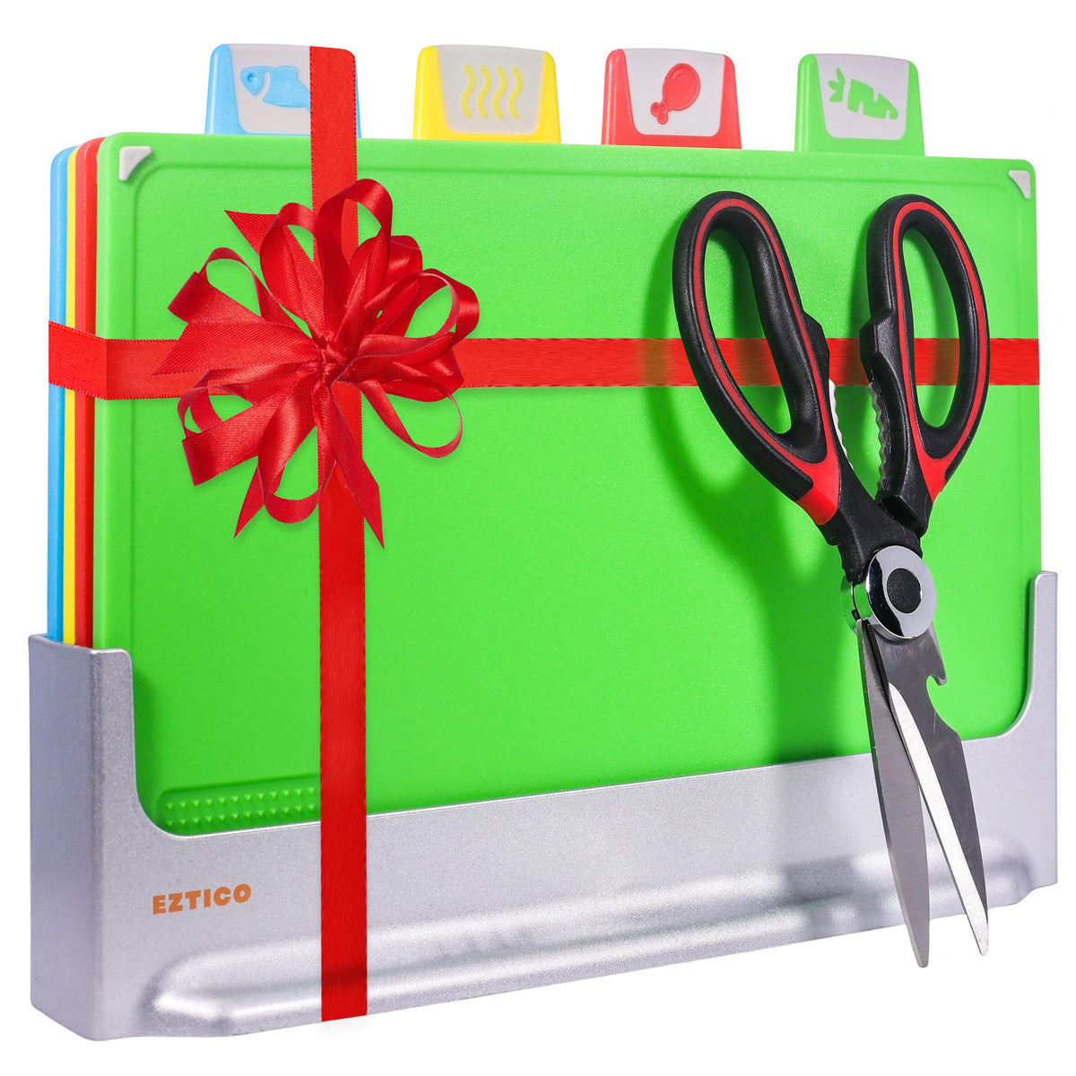 Cutting Board Set 12"L x 9"W: 4-Piece Color-Coded, Non-Slip, BPA-Free, Perfect kitchen essentials for new home, Dishwasher Safe with Premium Scissors & Chopping Board Organizer, Quality kitchen stuff.