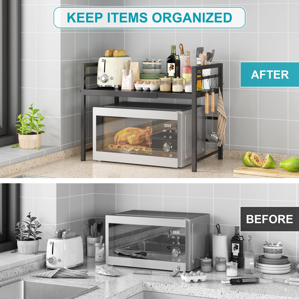 DOLALIKE Microwave Oven Rack, Expandable Microwave Stand Countertop Kitchen Utensils Tableware Storage, Carbon Steel Over Microwave Shelf Countertop with 3 Hooks