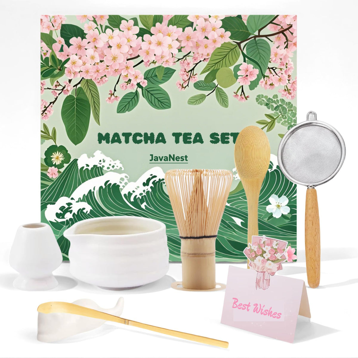 7-Piece Matcha Tea Set with Gift Card – 120-Prong Bamboo Whisk, Ceramic Bowl with Spout, Whisk Holder, Scoop, Spoon, Strainer & Scoop Holder – Ideal Gift for Matcha Lovers (White, 100-Prong)