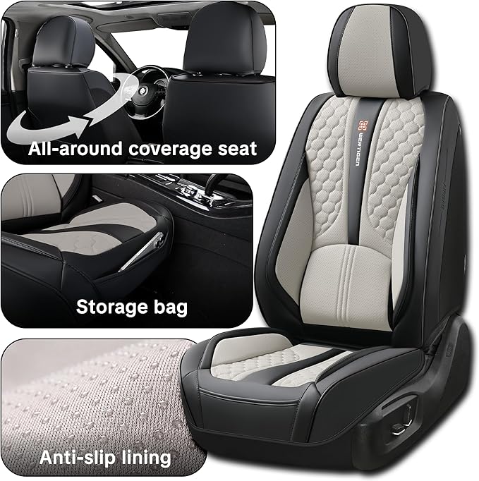Black and Grey PU Leather Car Seat Covers - Luxury Waterproof Car Seat Covers with Lumbar Support, Non-Slip Base, Airbag Compatibility, Easy Installation and Cleaning