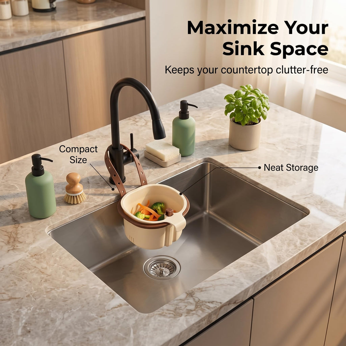 Hanging Sink Drain Basket, Press-to-Dump Kitchen Strainer (Brown)