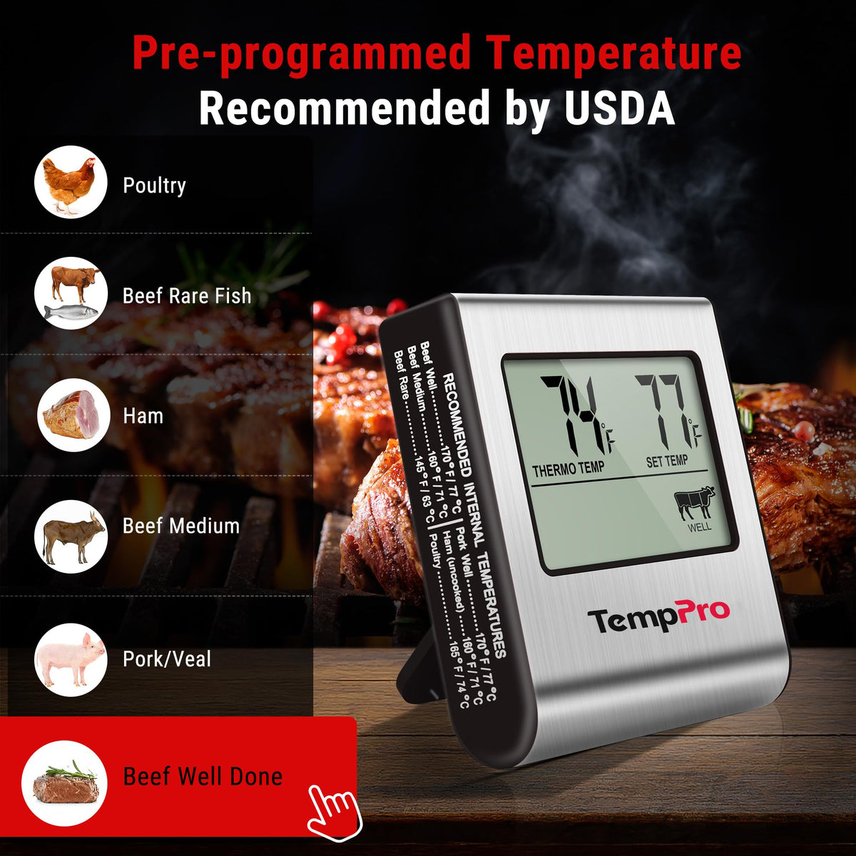 TempPro TempTrack Large LCD Digital Meat Thermometer for Cooking, Smoking