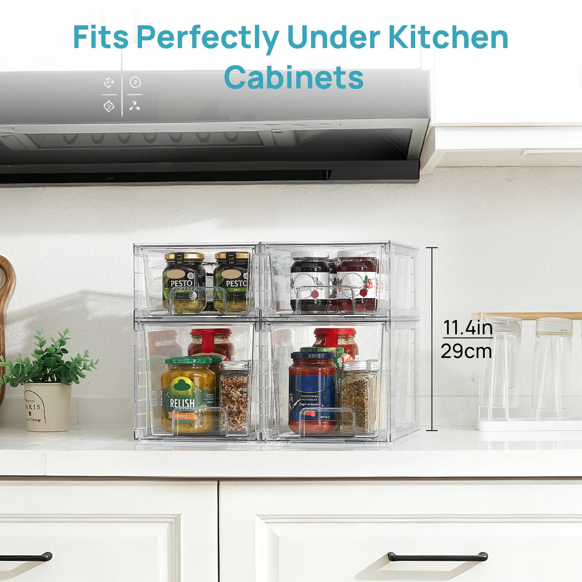 Vtopmart Clear Stackable Storage Drawers, 4 Pack Kitchen Cabinet Set