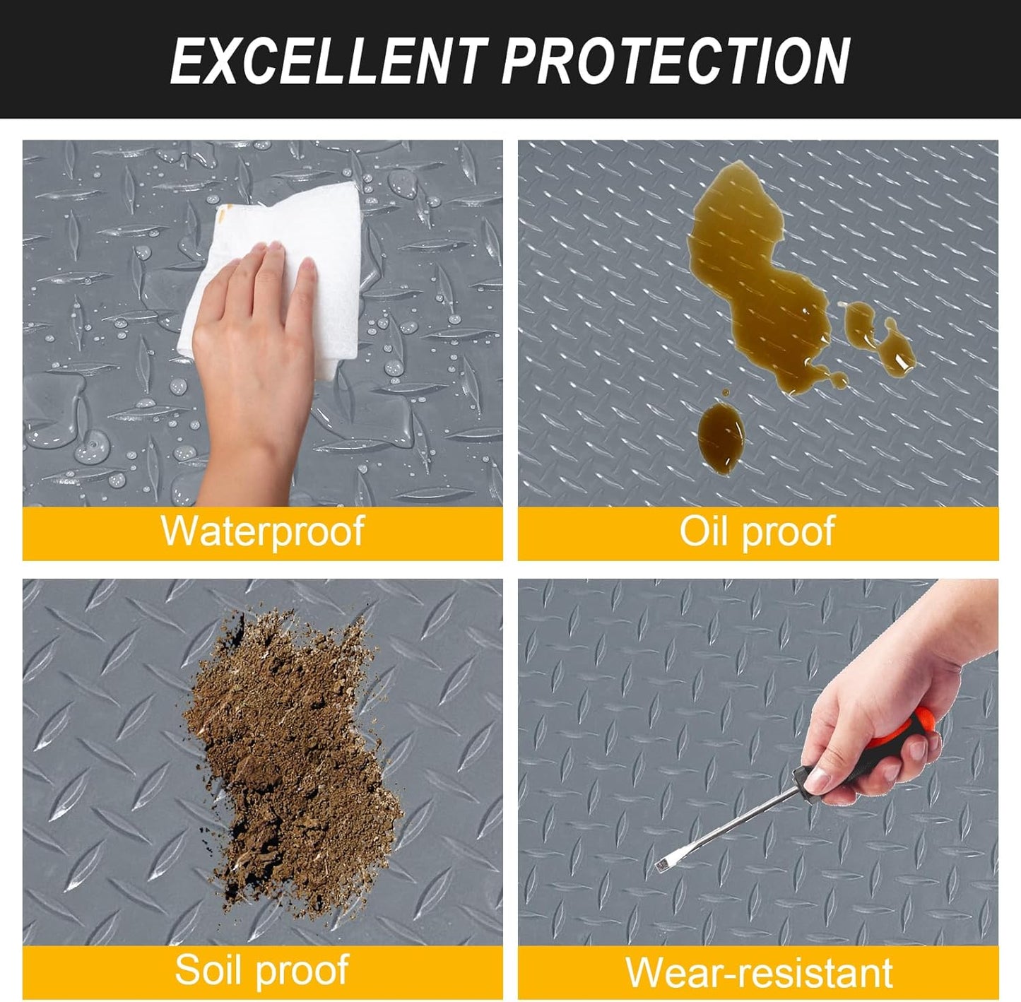 4x8FT Garage Floor Mat, 2.8mm Thickened Flooring Roll for Under Car, Golf Cart Parking Mat, Diamond Plate PVC Rubber Motorcycle Mat, Non-Slip Floor Protector for Garage Warehouse Trailer, Grey