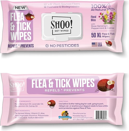Shoo! Flea & Tick Wipes for Dogs | Convenient, Easy On-The-Go Protection | Plant Based, Natural Oils, Chemical Free | Repels & Prevents | 50 XL Wipes | (Floral Bliss)