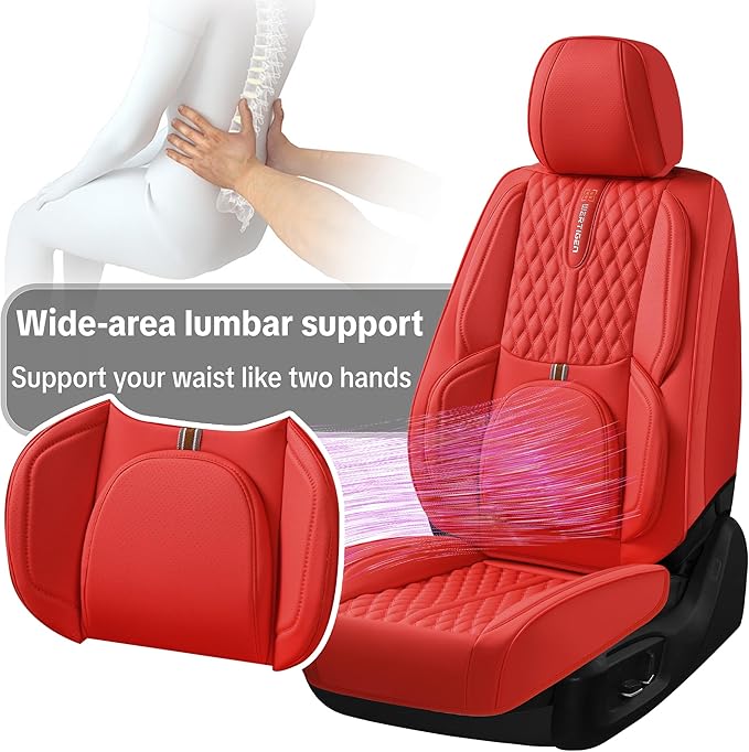 Red Car Seat Cover Full Set , Universal Car Seat Cover for Car with Lumbar Support, Premium Faux Leather, Waterproof and Easy to Clean, Airbag Compatible, Suitable for SUV, Pickup Trucks, Sedans