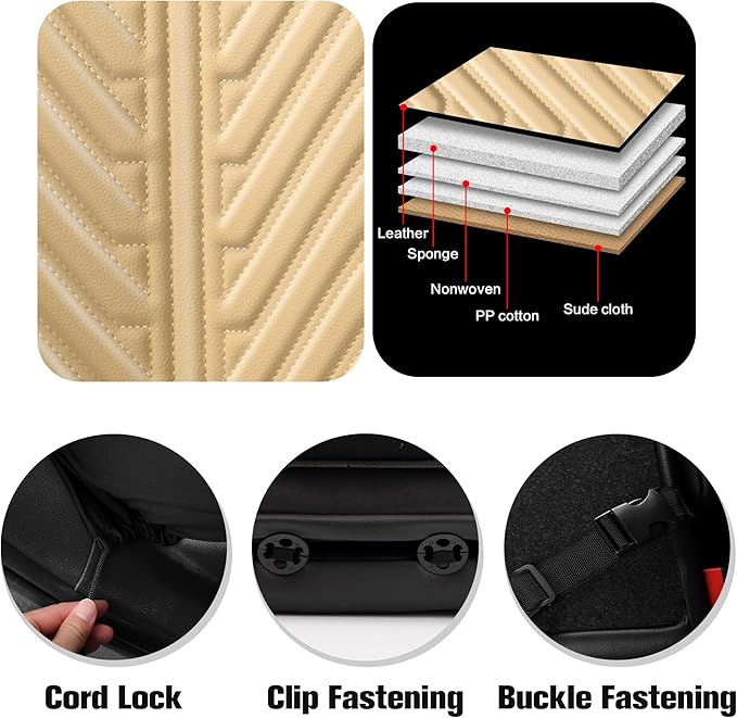 PU Leather Car Seat Covers Front Set – Waterproof seat Cover for Cars，3D Foam Support Automotive seat Covers ，Airbag Compatible, Universal Fit for Cars SUVs Trucks Sedans（Khaki）