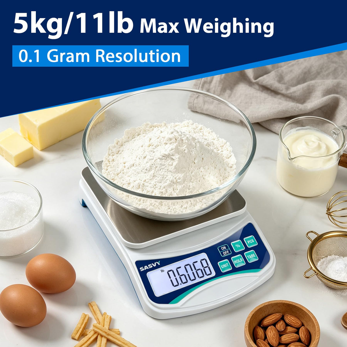 SASVY Large Kitchen Scale 0.1g High Precision, 11lb/5kg Lab Baking Scale