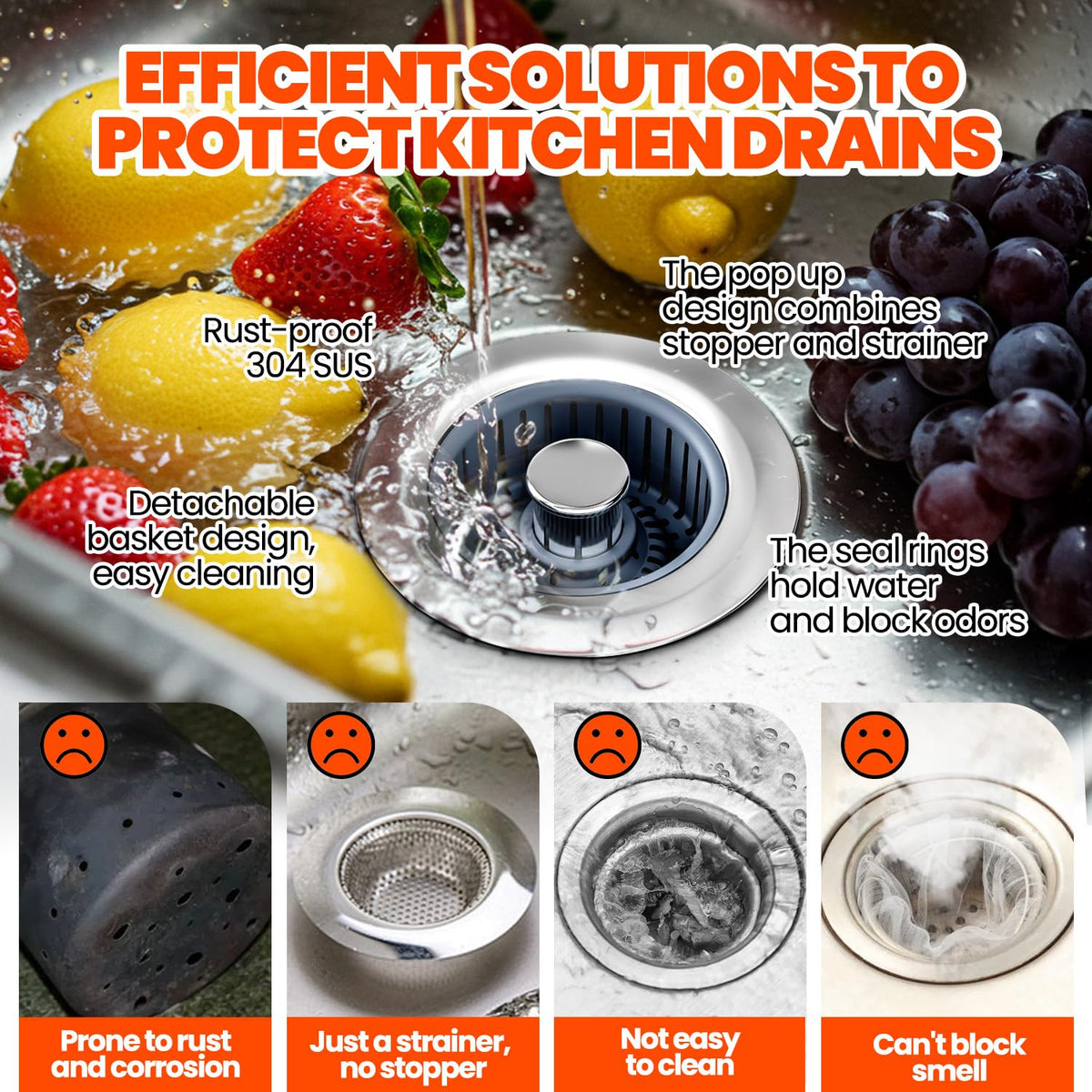 Nipoko 3 in 1 Kitchen Sink Drain Strainer and Stopper Silver 1 Pack