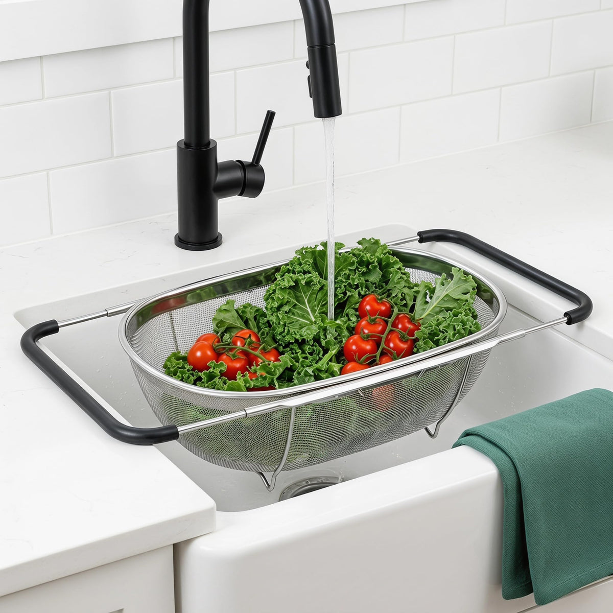 Suwimut 2 Pack Over the Sink Oval Colander for Kitchen, Stainless Steel Fine Mesh 6 Quart Strainer Basket with Expandable Rubber Grip Handles for Straining, Draining, Rinsing Fruits, Vegetables