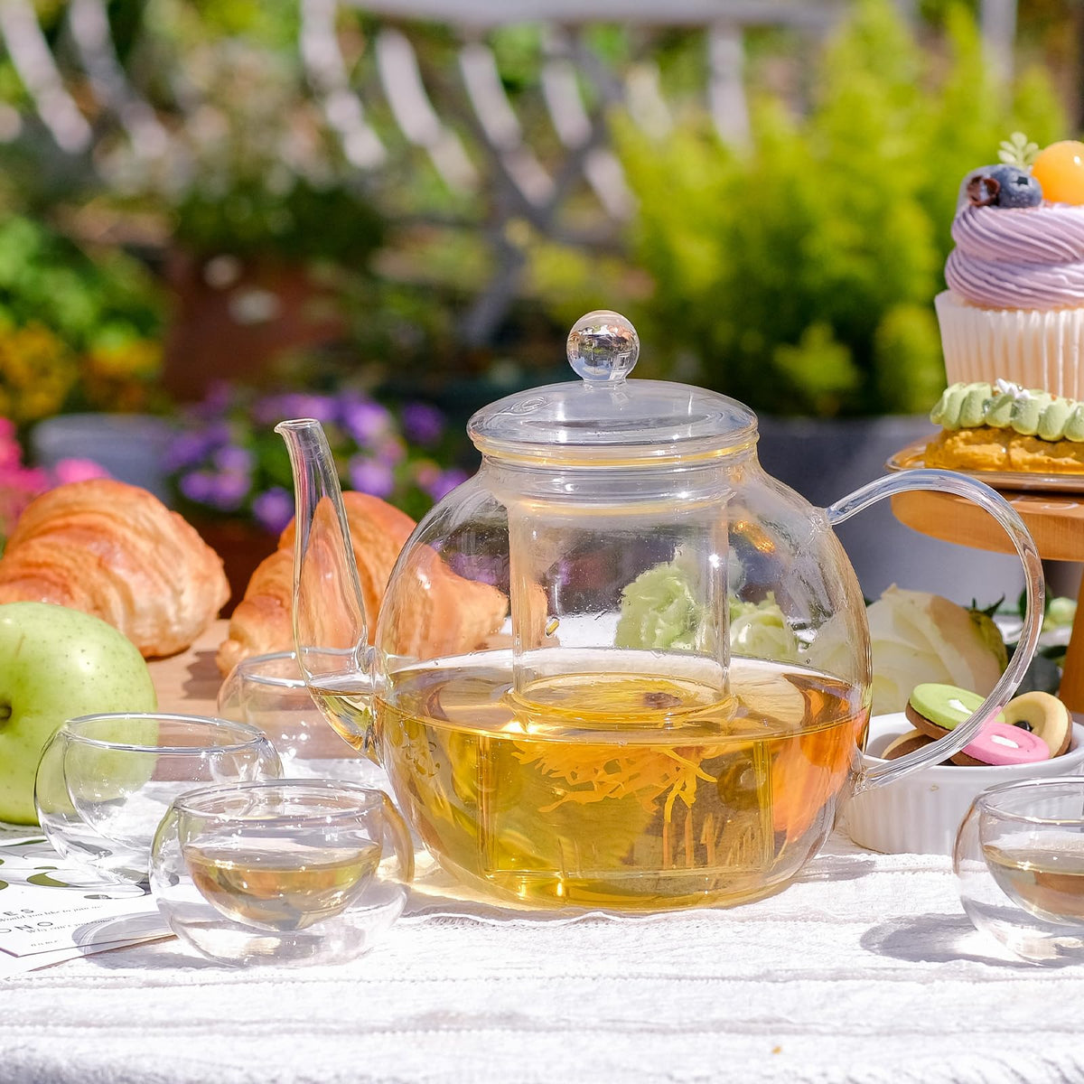 Glass Teapot Set with 4 Teacups, Large Tea Pot with Infusers