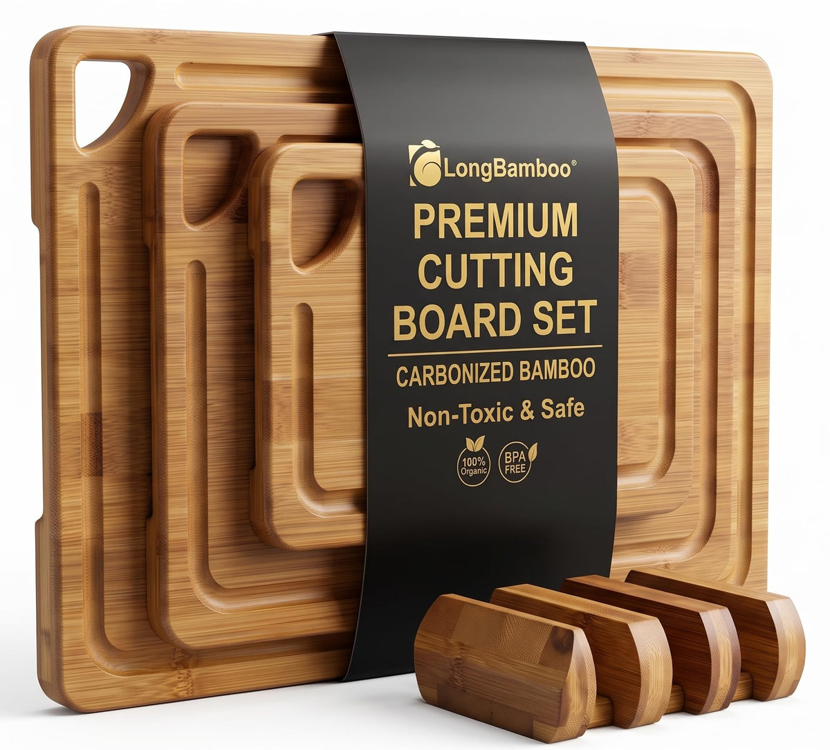 3-Piece Bamboo Cutting Board Set with Holder, Juice Groove for Kitchen Prep