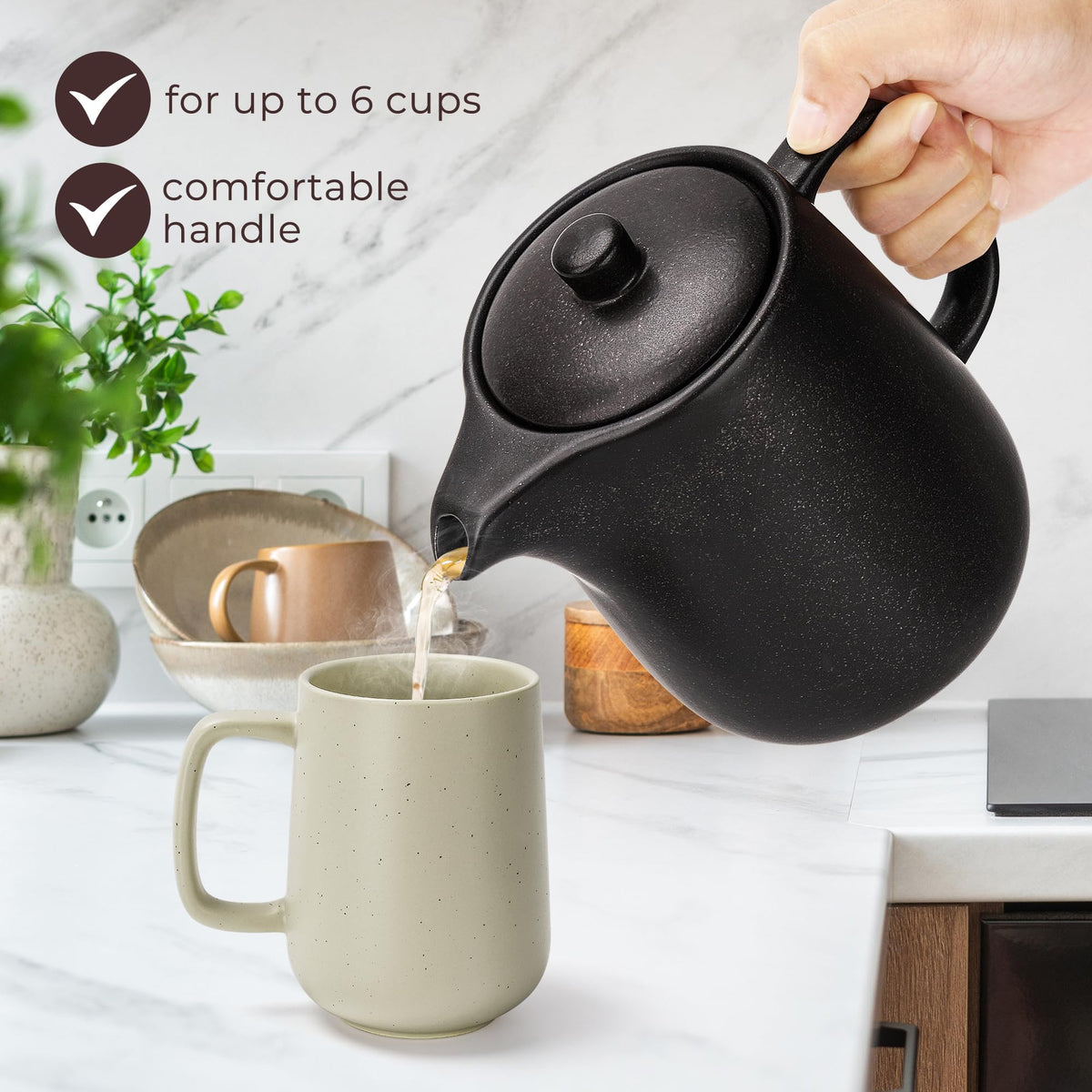 Happy Lemuro Ceramic Teapot with Infuser - 40 oz Large Teapot with Strainer - Tea Pot Ceramic for Loose Tea - Ceramic Tea Pots for Tea