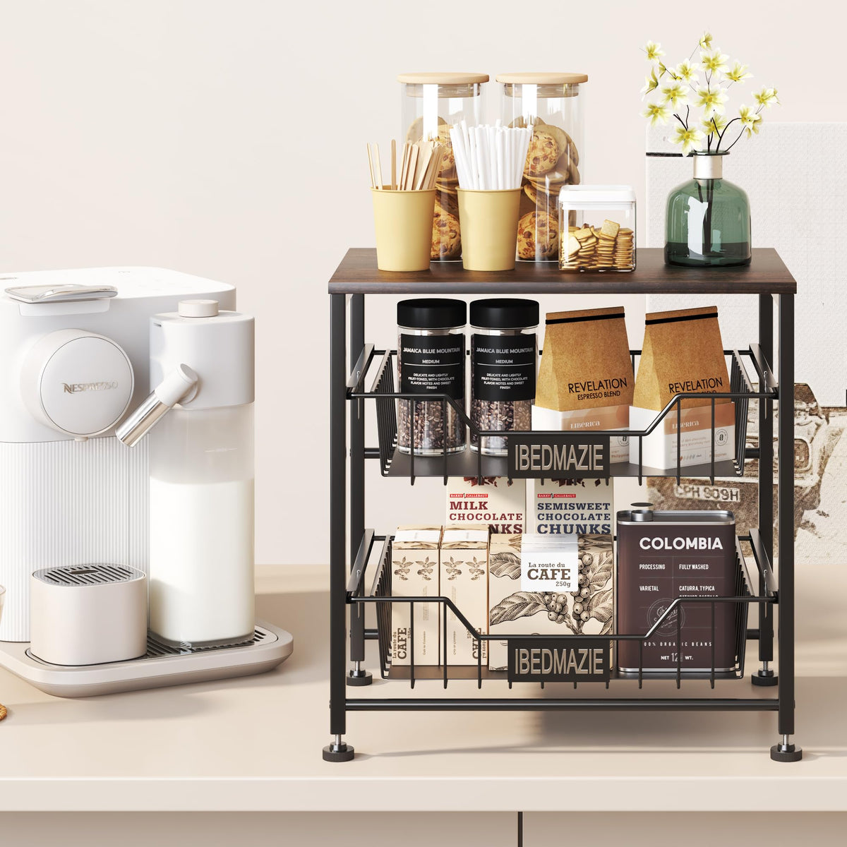 3 Tier Fruit Basket for Kitchen Metal Storage Organizer with Drawers