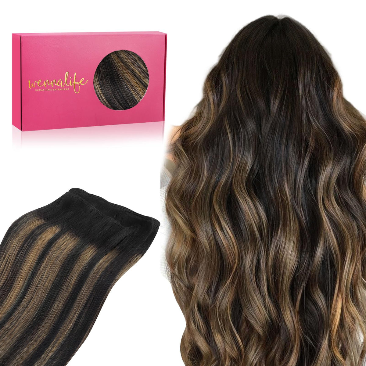 Wennalife Sew In Hair Extensions Real Human Hair, 22 Inch 110G Balayage Natural Black To Chestnut Brown Machine Weft Hair Extens