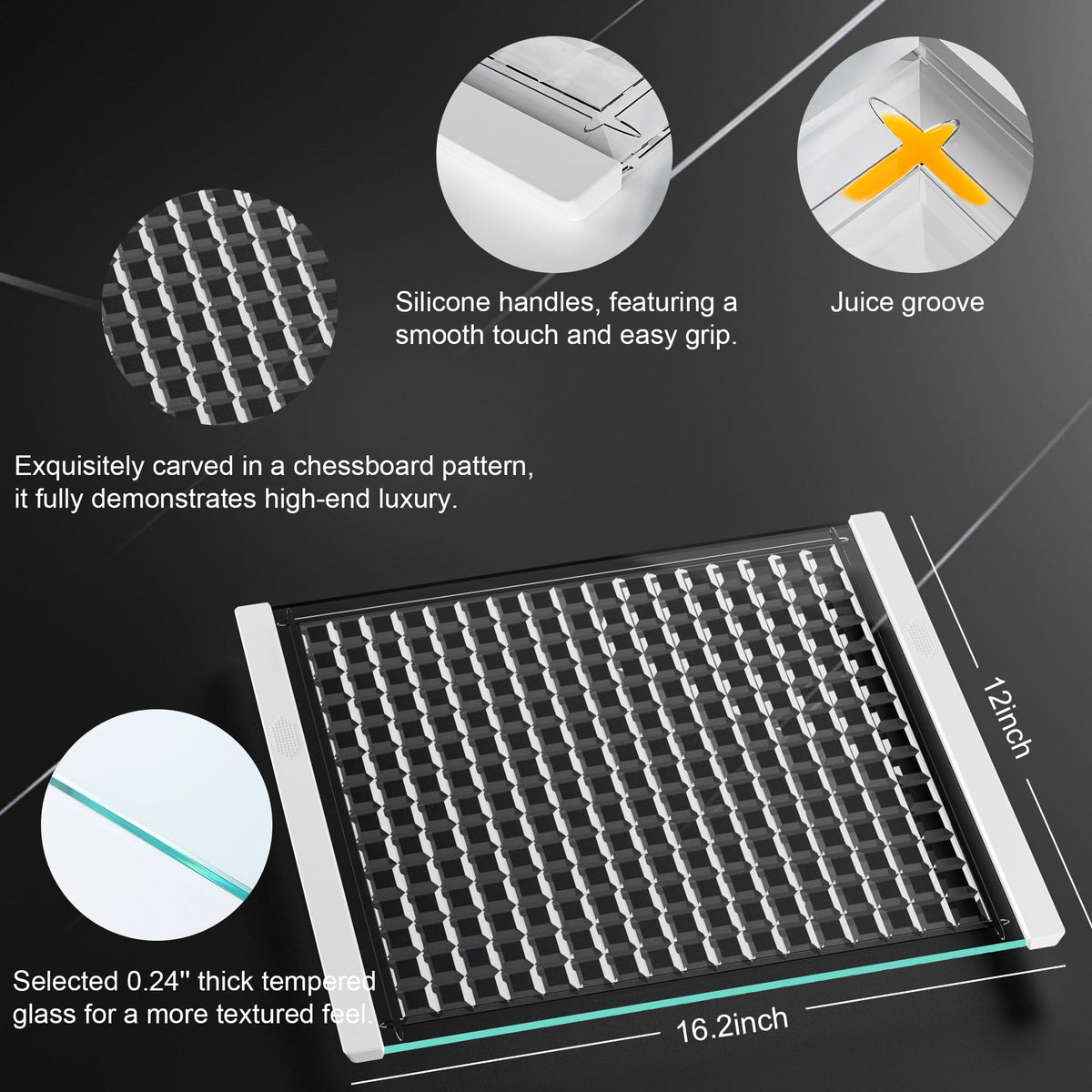Luxury Artisan Mosaic Glass Cutting Board with Juice Groove - Tempered Glass checkered cutting board & Serving Tray, Dishwasher Safe, 16.2" x 12" x 0.24"