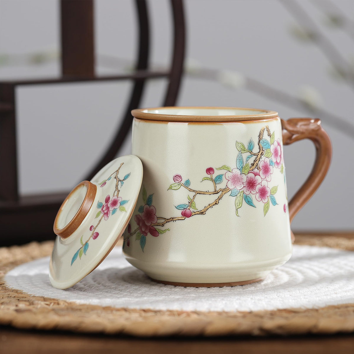 fanquare Beige Ruyao Porcelain Tea Cups with Infuser and Lid, Chinese Steeping Tea Mug with Strainer for Adults, Plum Blossom Tea Cup Set for One for Home Office