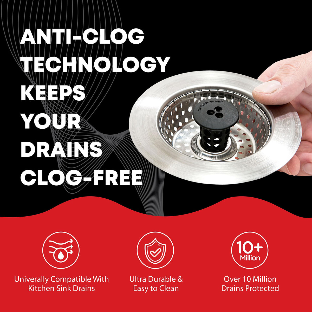 Kitchen SinkShroom Revolutionary Clog-Free Stainless Steel Sink Strainer, Black, 1-(Pack)