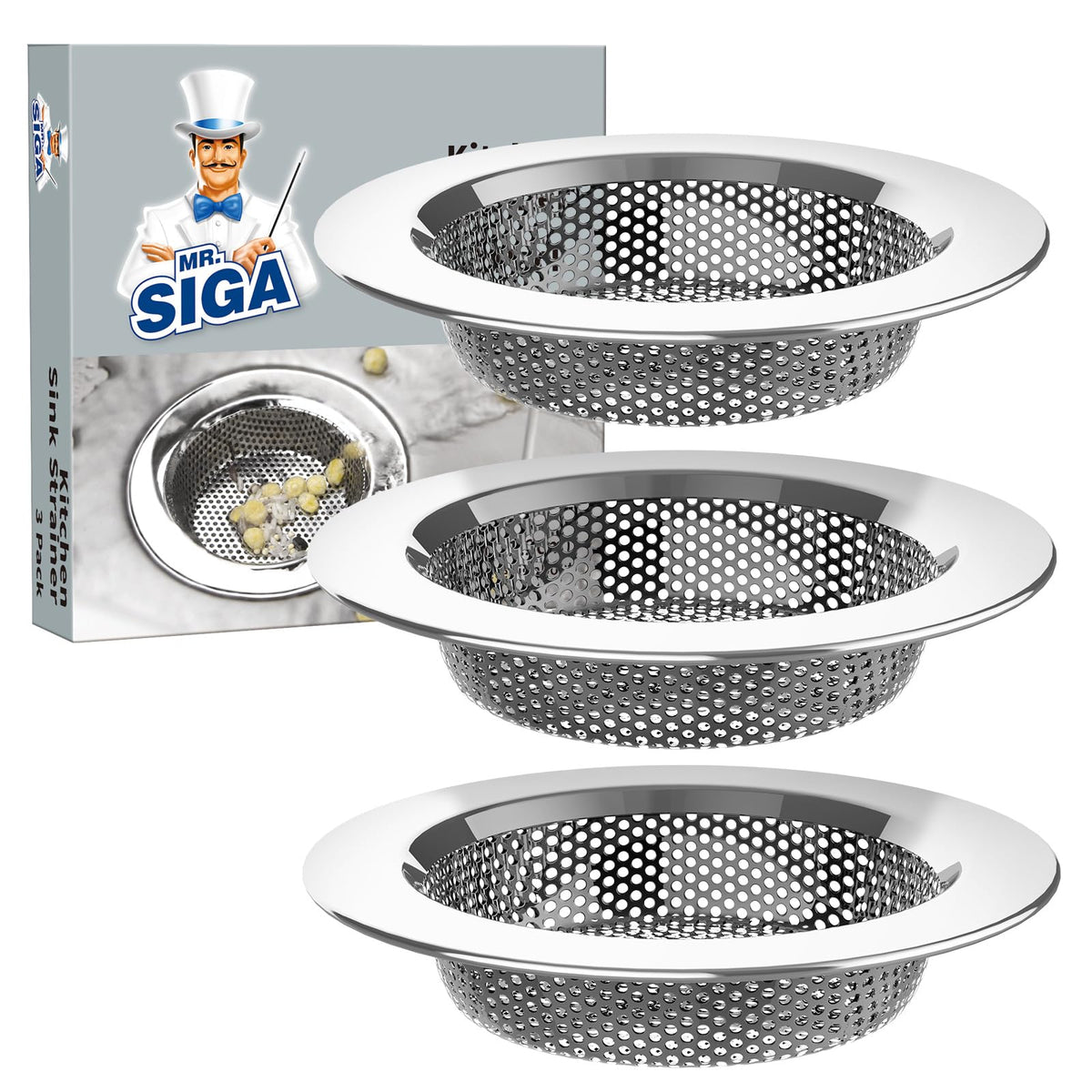 MR.SIGA Kitchen Sink Strainer, Stainless Steel Sink Drain Strainer, 3 Pack