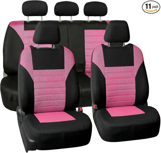 FH Group Automotive Car Seat Covers Full Set Premium 3D Air Mesh Front Seat Covers, Airbag Compatible & Split Bench Cover Universal Fit Interior Accessories for Cars Trucks and SUVs - Pink