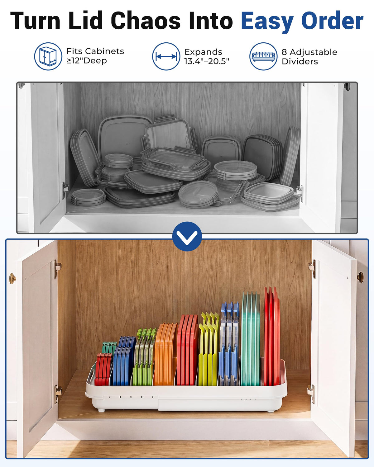 EVERIE Expandable Food Container Lid Organizer for 12-Inch Deep Cabinets