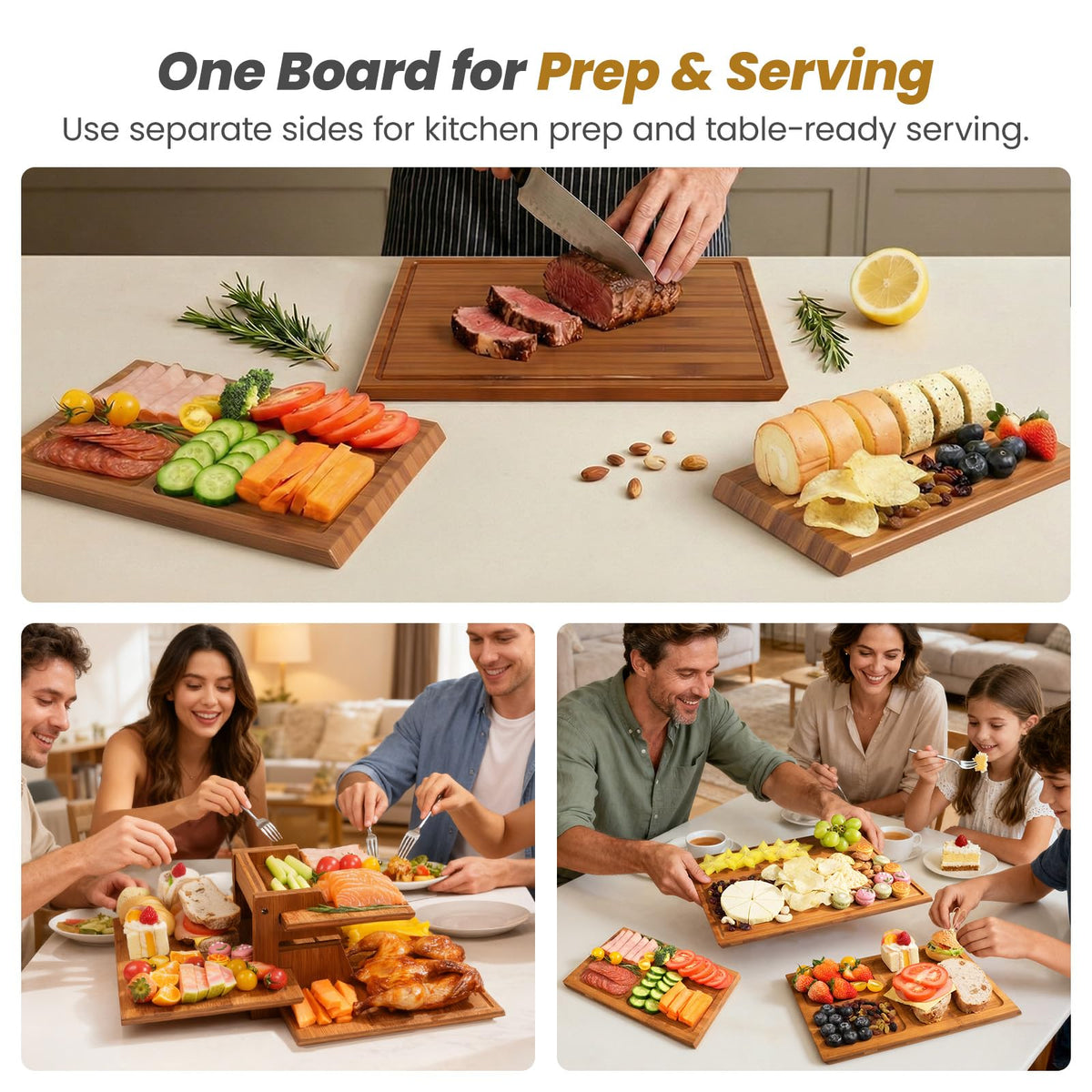 Maxboro Bamboo Cutting Board for Kitchen, Double-Sided with Stand, Brown
