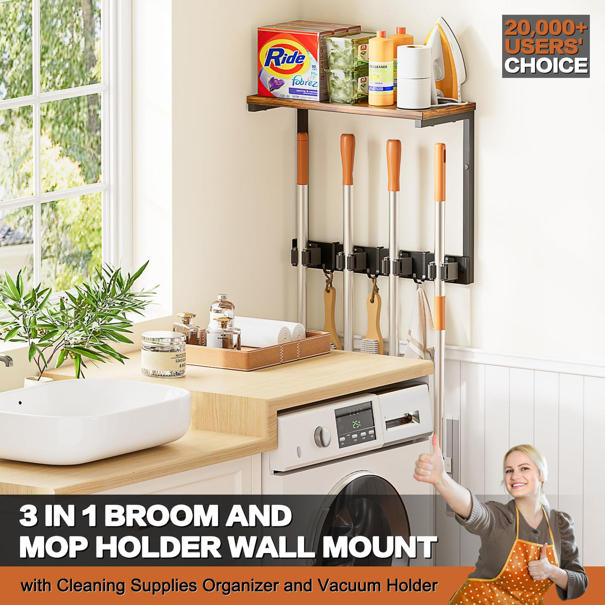 Olakee Broom Holder Wall Mount with Cleaning Supplies Organizer, Laundry Room Organization and Storage Shelves, Mop Hanger Broom Rack with Hooks, Home Improvement Kitchen Shelf Garage Organizer