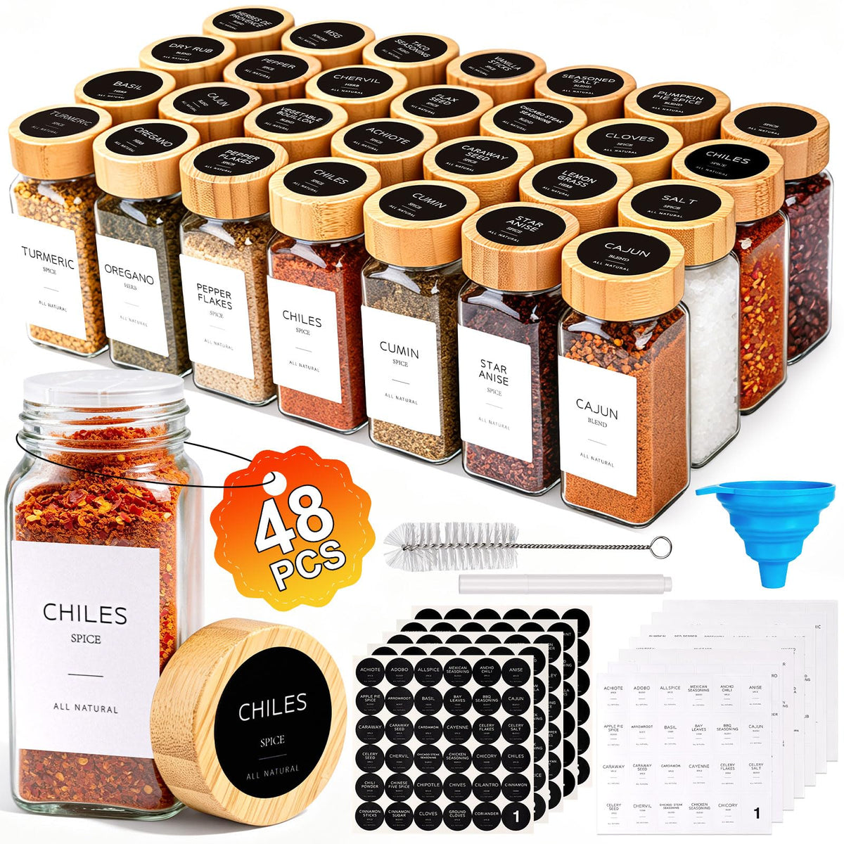 48PCS Spice Jars with Label, 4oz Glass Seasoning Containers with Bamboo Lid