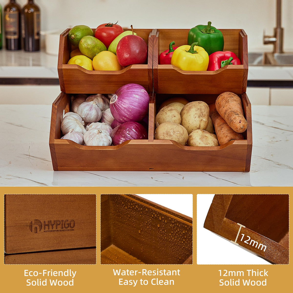 HYPIGO Wood Potato & Onion Storage Bin,2-tier Stackable Pantry Organizer