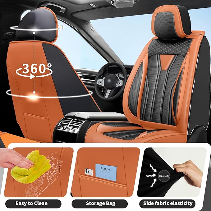 Fit Frontier Car Seat Covers Premium Leather for Nissan Frontier 2009-2025 2026. Waterproof， Breathable, Scratch-Resistant & All-Weather Seat Cushion Protector（Full Set,Orange&Black