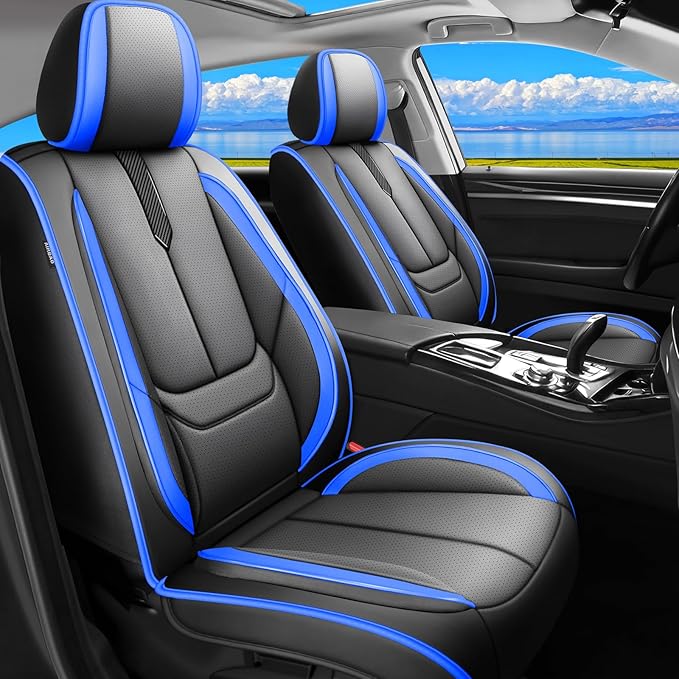 Fit Insight Car Seat Covers for Honda Insight 2010-2021 2022-Upgraded Premium Waterproof & Breathable Leather,Airbag Compatible,All-Weather Seat Cushion Protector,Full Set,Black-Blue