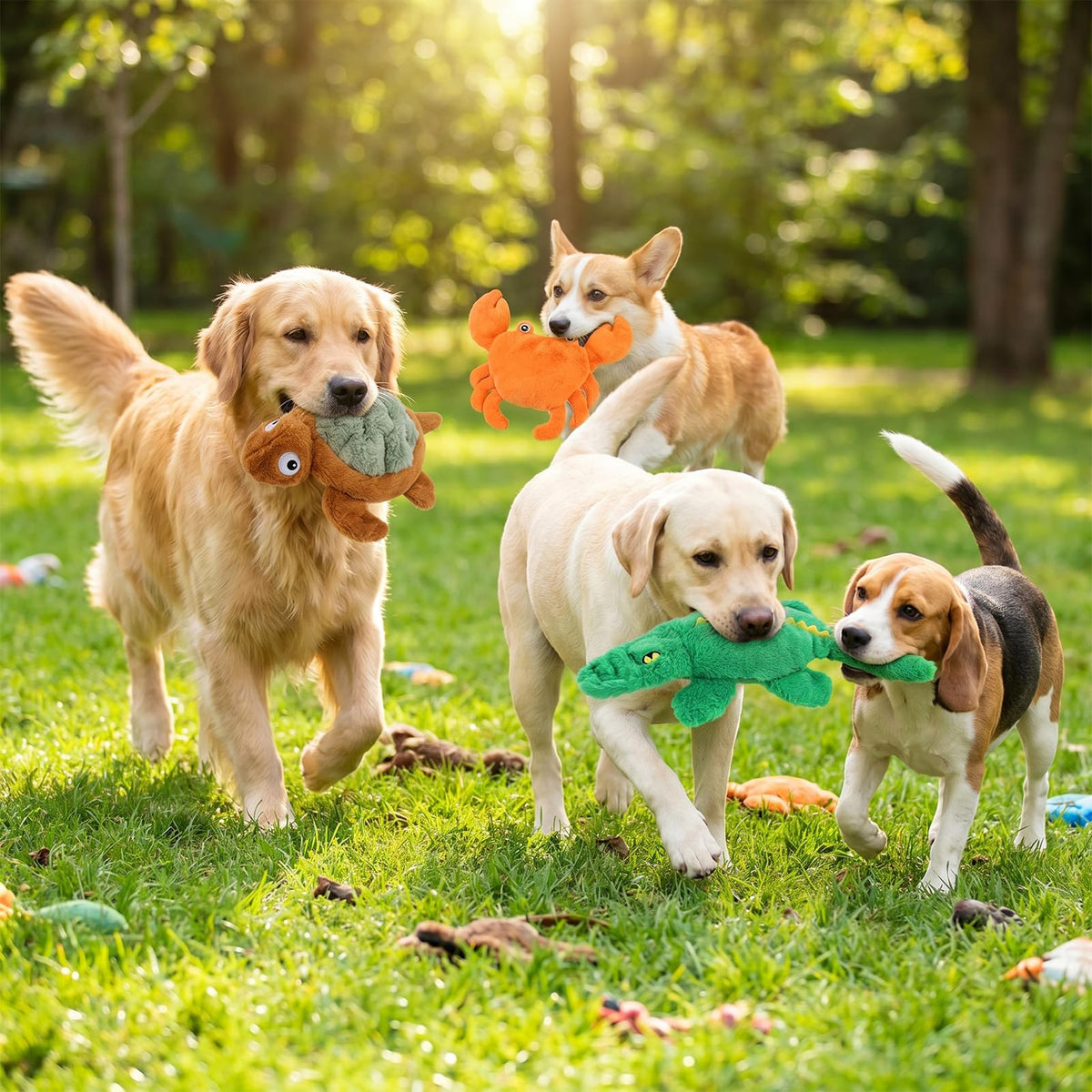 Homounter No Stuffing Dog Toys for Puppies, Small & Medium Dogs, 3 Pack Squeaky Crinkle Plush Toys for Teething & Anxiety Relief, Lightweight Interactive Animal Set to Keep Them Busy