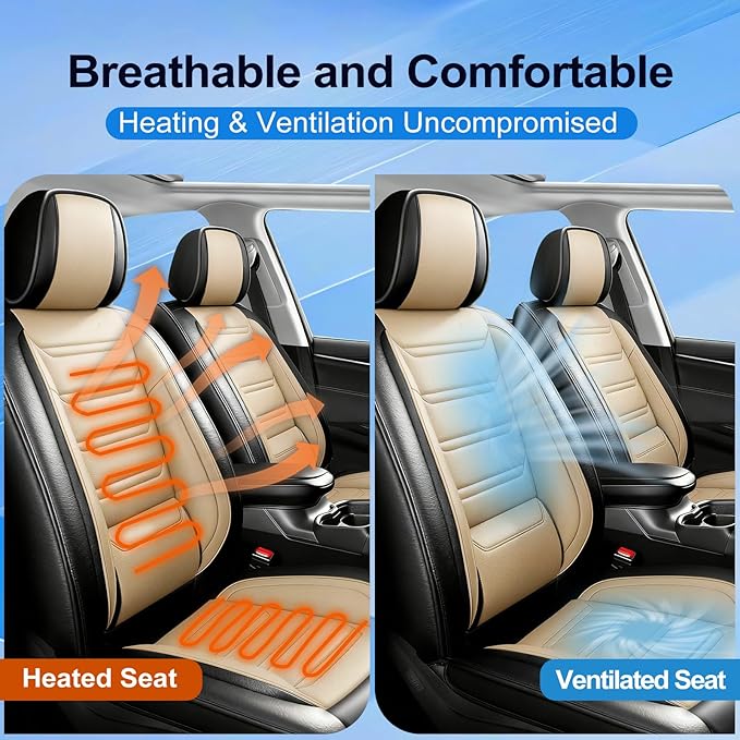Fit Ridgeline Car Seat Covers for Select Honda Ridgeline 2007-2026 - Premium Full Coverage Leather, Airbag Compatible, Waterproof & All Weather Seat Cushion Protector, Front Pair Black+Beige