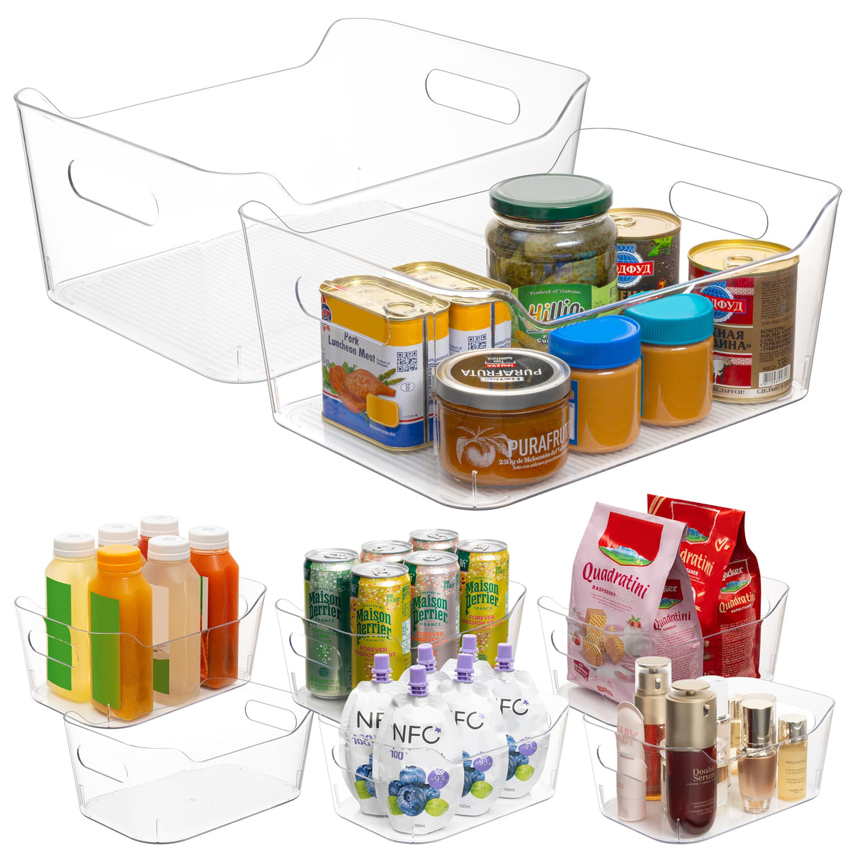 Tiawudi Set of 8 Clear Plastic Storage Bins, 2 Extra Large and 6 Small Storage Containers for Pantry Organization, Multi-Use Organizer Bins for Home, Kitchen, Cabinet, Bathroom, Fridge & Freezer