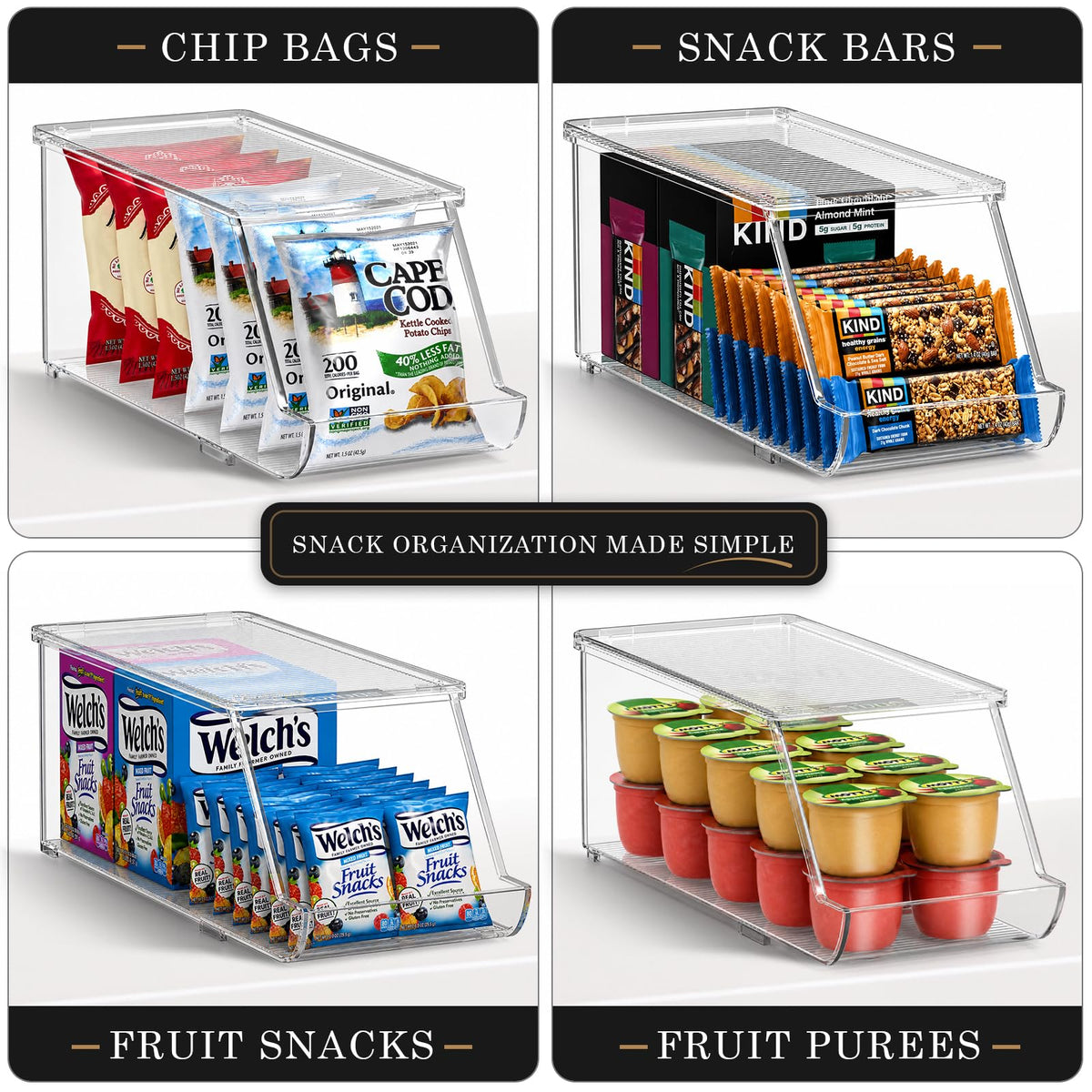 Sorbus Snack Organizer for Pantry, Clear Stackable Chip Bins (4 Pack)