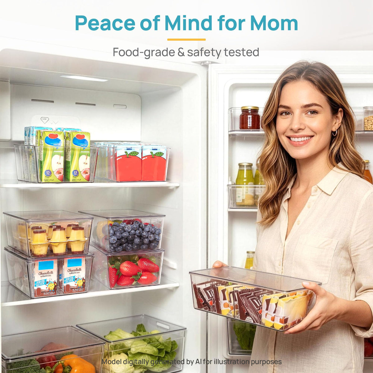Vtopmart 4 Pack Pantry Organizer Bins with Lids, Removable Dividers