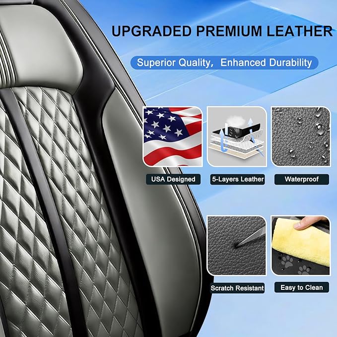 Fit HR-V Car Seat Covers for Honda HRV 2016-2025 2026 LX/EX/EXL/Sport - Full Coverage Leather, Airbag Compatible, Breathable Waterproof All Weather Seat Protector, Full Set, Black+Gray