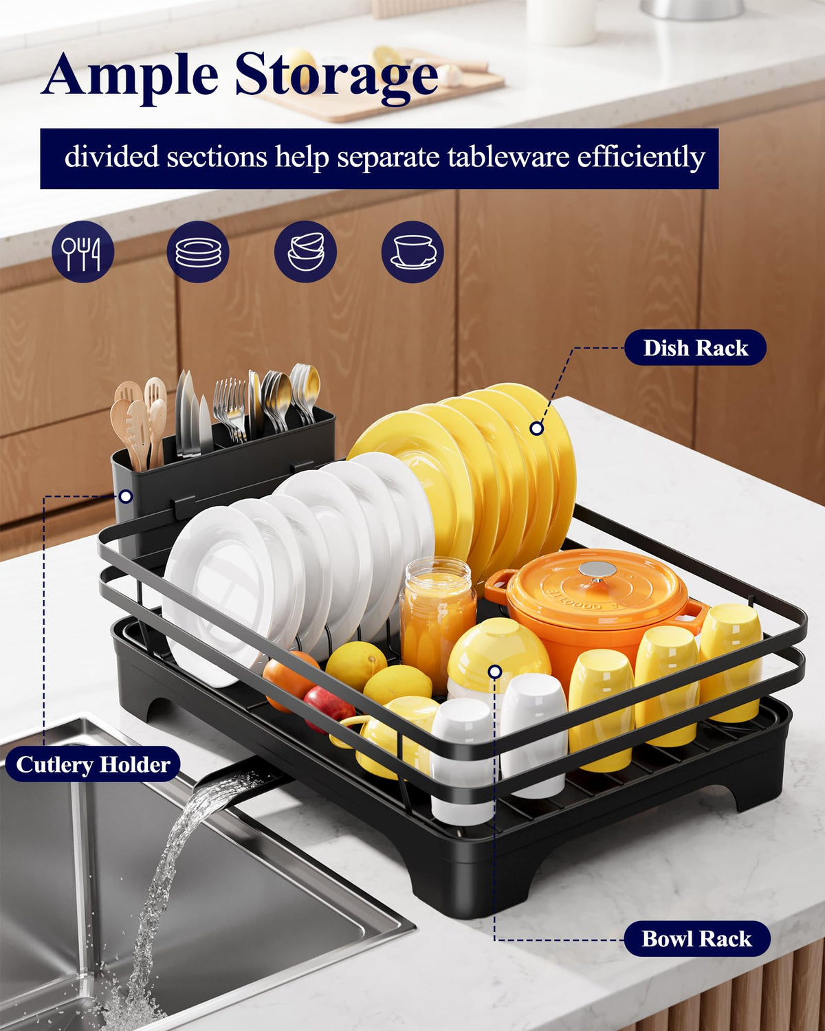 Kitsure Multi-Functional Dish Drying Rack, 15.7" x 12.0" x 5.5", Black