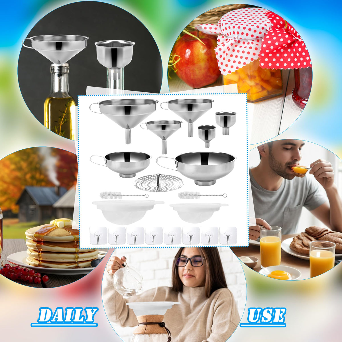 20 Pcs Canning Funnels Stainless Steel Wide and Narrow Mouth Strainer for Regular Mason Jar Filling Kitchen Use with Mesh Filter Brush Hook Metal Food Funnel Supplies Kit